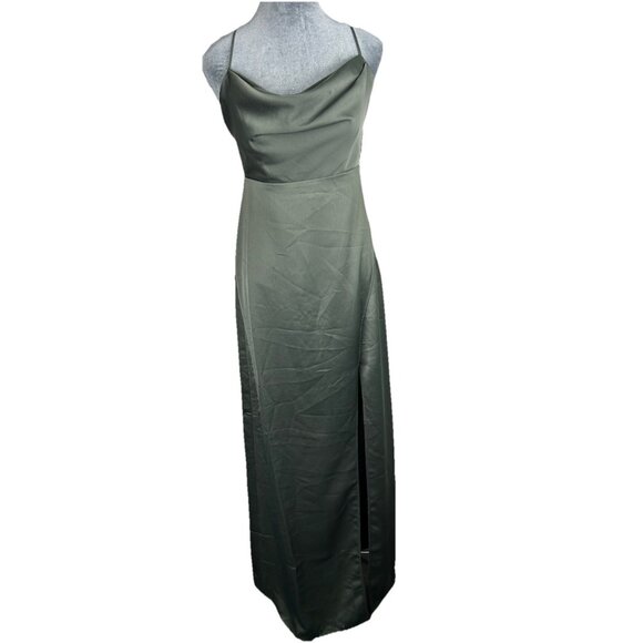 BHLDN Antropologie Women Remy Cowl-Neck Faux-Wrap Satin Gown Green Dress Maxi 4 - Picture 10 of 14